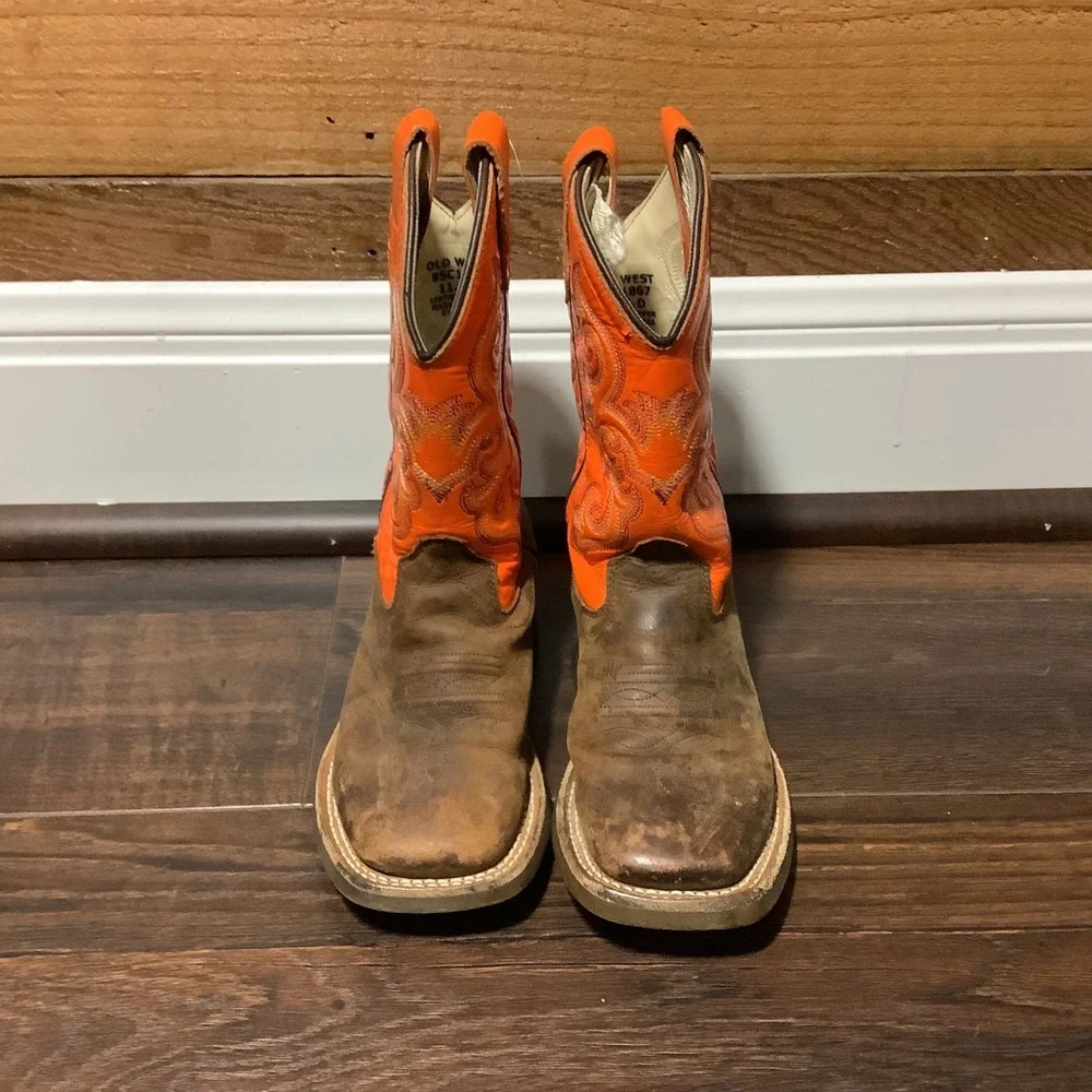 Cody James Kids Cowboy Boots Orange Brown Leather Square Toe BSC1867 Size 11D